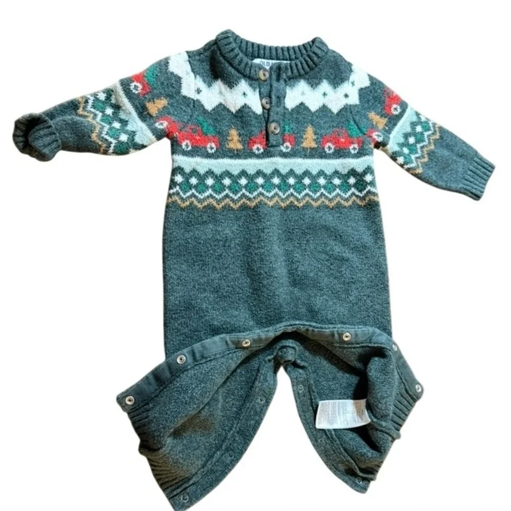 Old Navy Baby Fair Isle Knit Christmas Truck Coverall Green 6-12M Soft Christmas